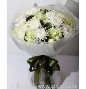 瑶琴风断-白菊花12支，康乃馨，绿叶适量。白色手揉纸配合，圆形包装。